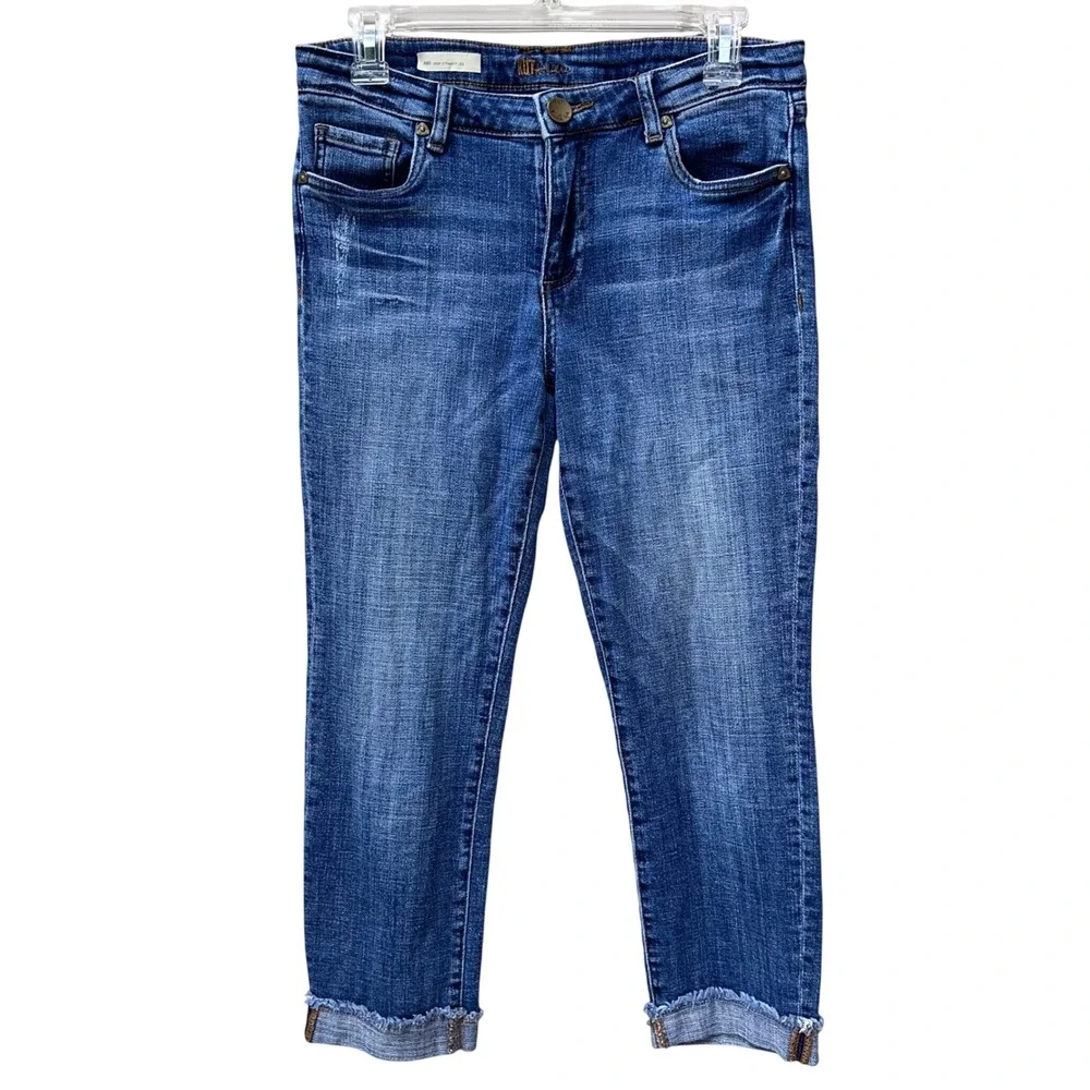 KUT from the Kloth Amy Crop Straight‎ Leg Jeans Blue Medium Wash Frayed Hem